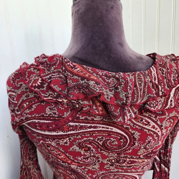 Express Red Paisley 100% silk Ruffle neck Flounch Sleeves Cinch Waist Dress 1/ 2 - Picture 7 of 14